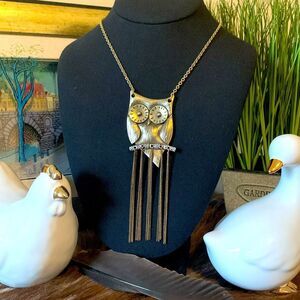Long Brass Tone Owl Pendant Necklace with Dangle Chains